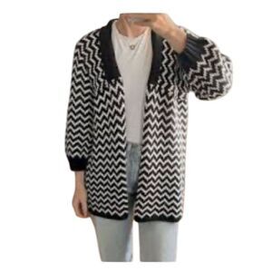 525 America Ivory Black Chevron Knit Open Front 3/4 Sleeve Cardigan Sweater Sz L